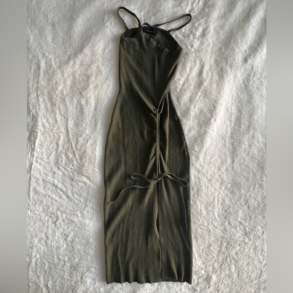 Soft Olive Dress with Asymmetrical Straps and Leg Slit